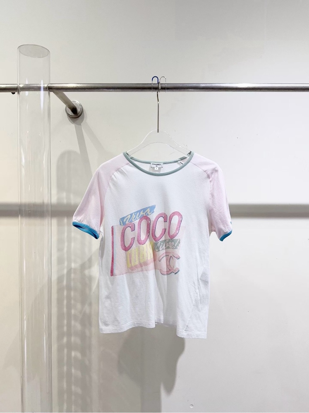 CHANEL White Tee with Pink Sleeves and Blue Trim